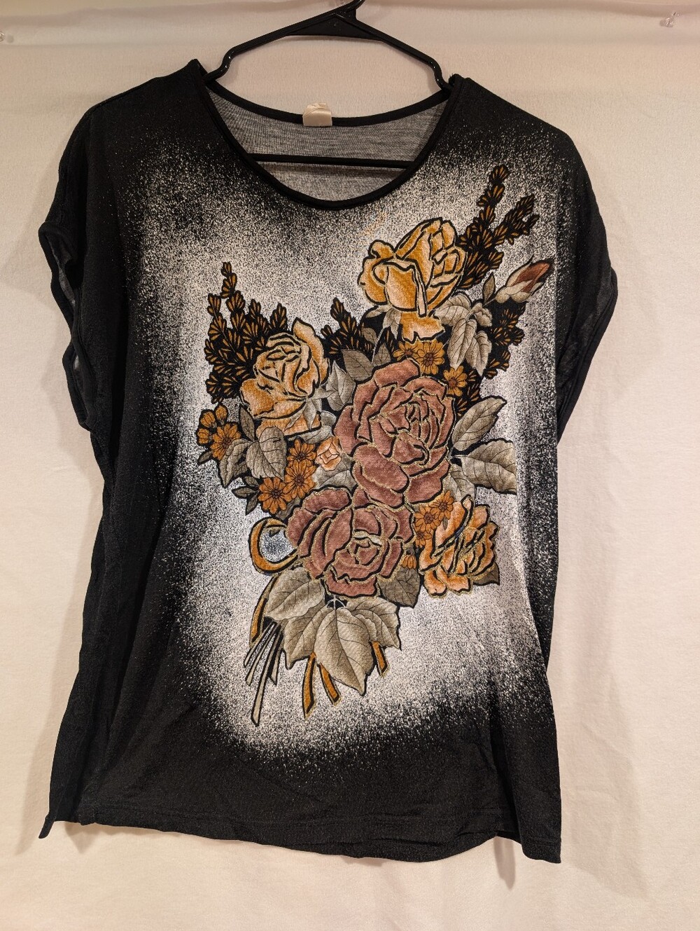 Vintage Floral Bleach Splatter Tee | Gold Shimmer Rose Graphic Top | Size L Sail